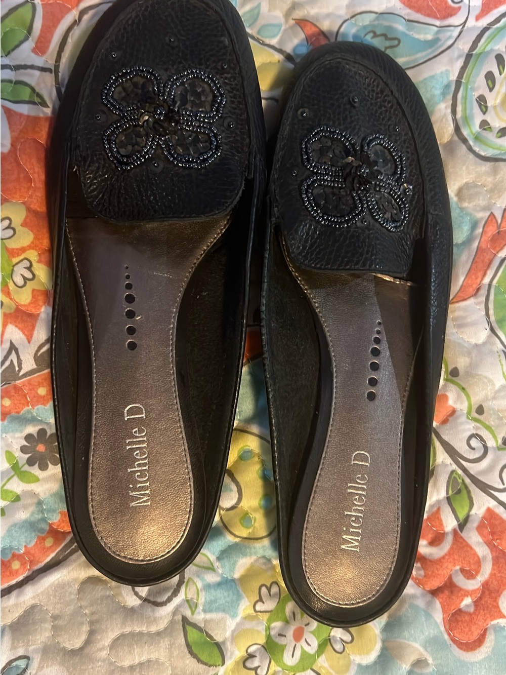 Michelle D Black Beaded Leather Mules